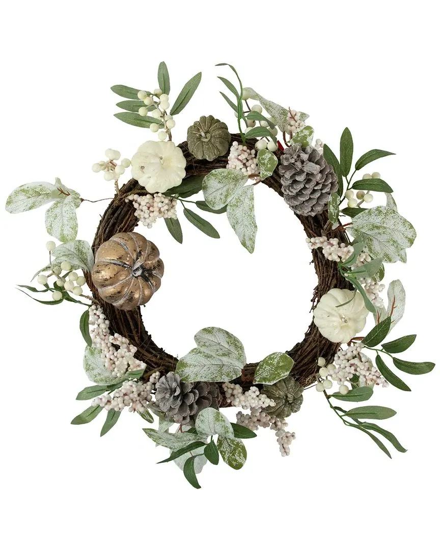 20in Pumpkin And Berries Fall Harvest Twig Wreath - Green image