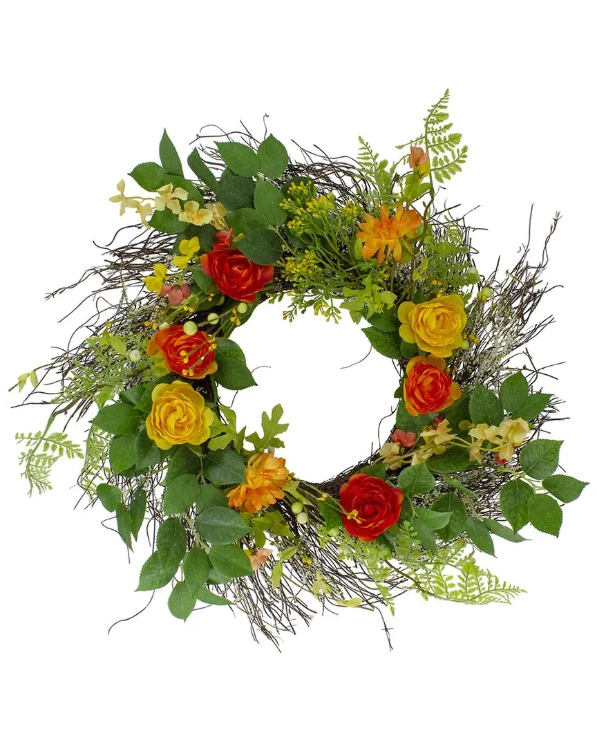 20in Ranunculus & Rose Artificial Wreath - Orange