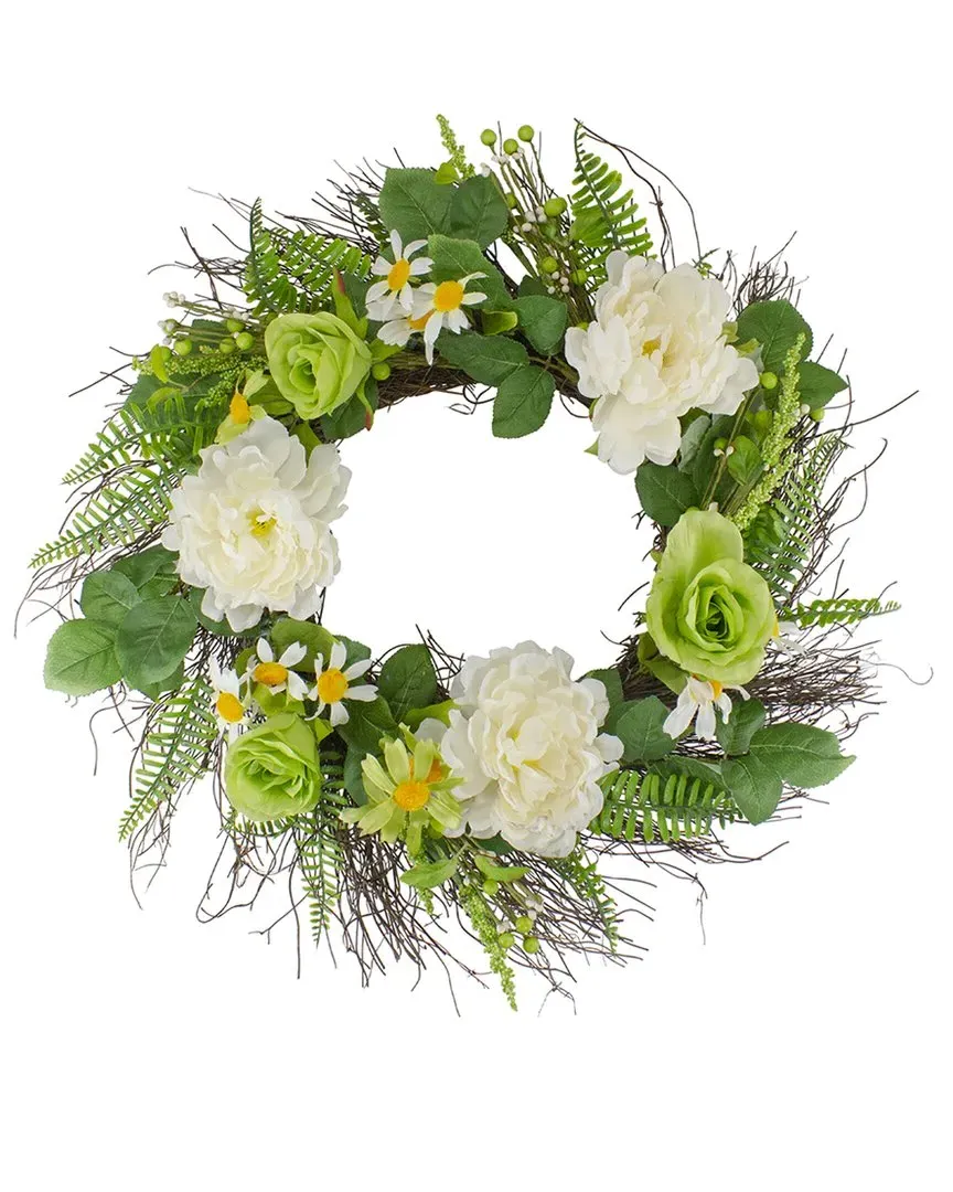 22in Mixed Floral Artificial Spring Wreath - Green