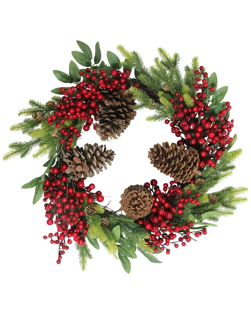 22in Pine Cone Red Berry Christmas Wreath - Green image