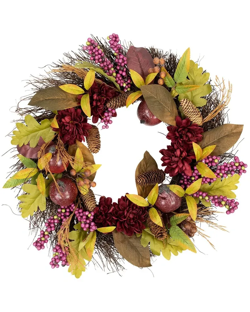 24-in Mums & Pomegranates Fall Harvest Twig Wreath - Brown