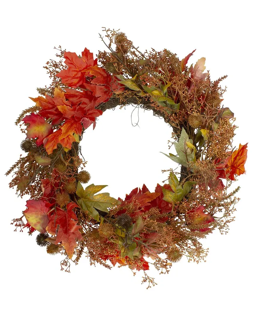 24-Inch Fall Harvest Maple Leaf Wreath with Berries - Orange