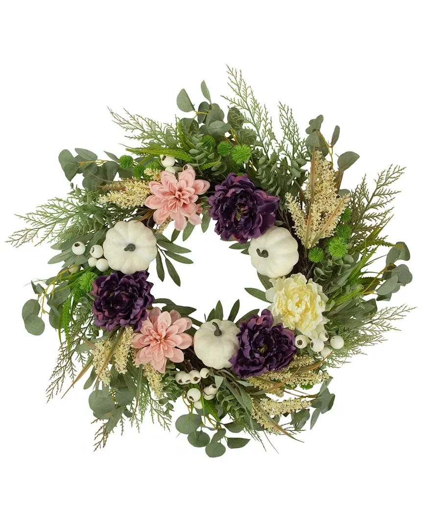 24-inch Peony & Pumpkin Artificial Fall Wreath - White