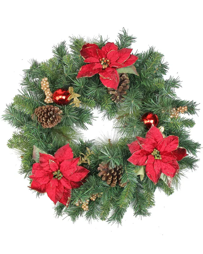 24" Pine Poinsettia Berry & Pine Cone Christmas Wreath - Green image