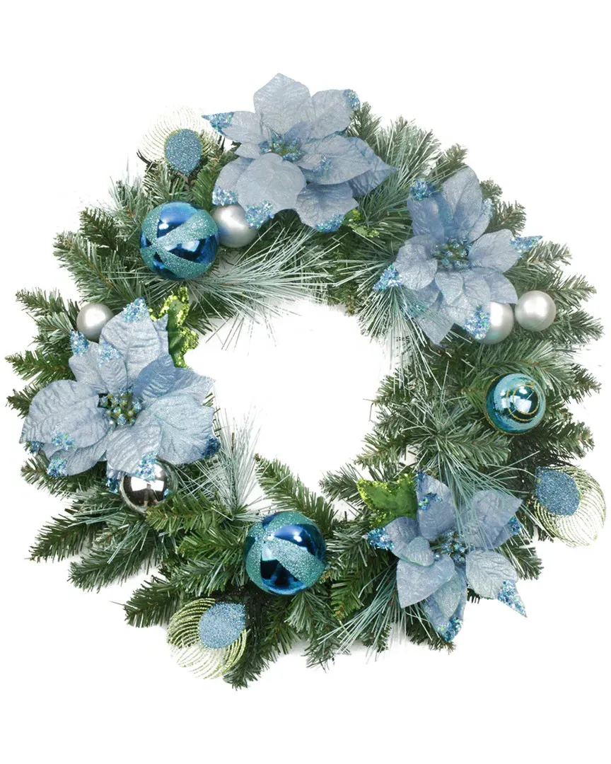 24" Regal Peacock Blue & Silver Poinsettia Christmas Wreath