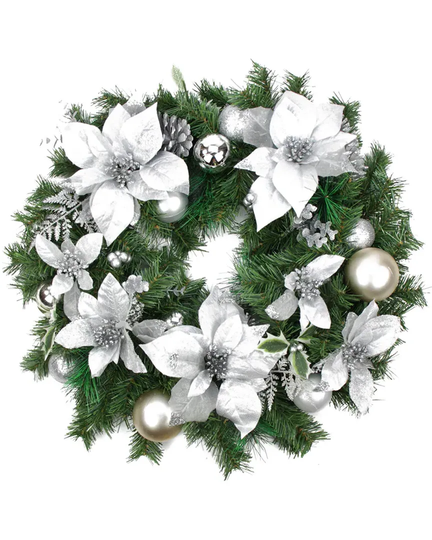 24" Silver Poinsettia & Pinecone Christmas Wreath - Silver