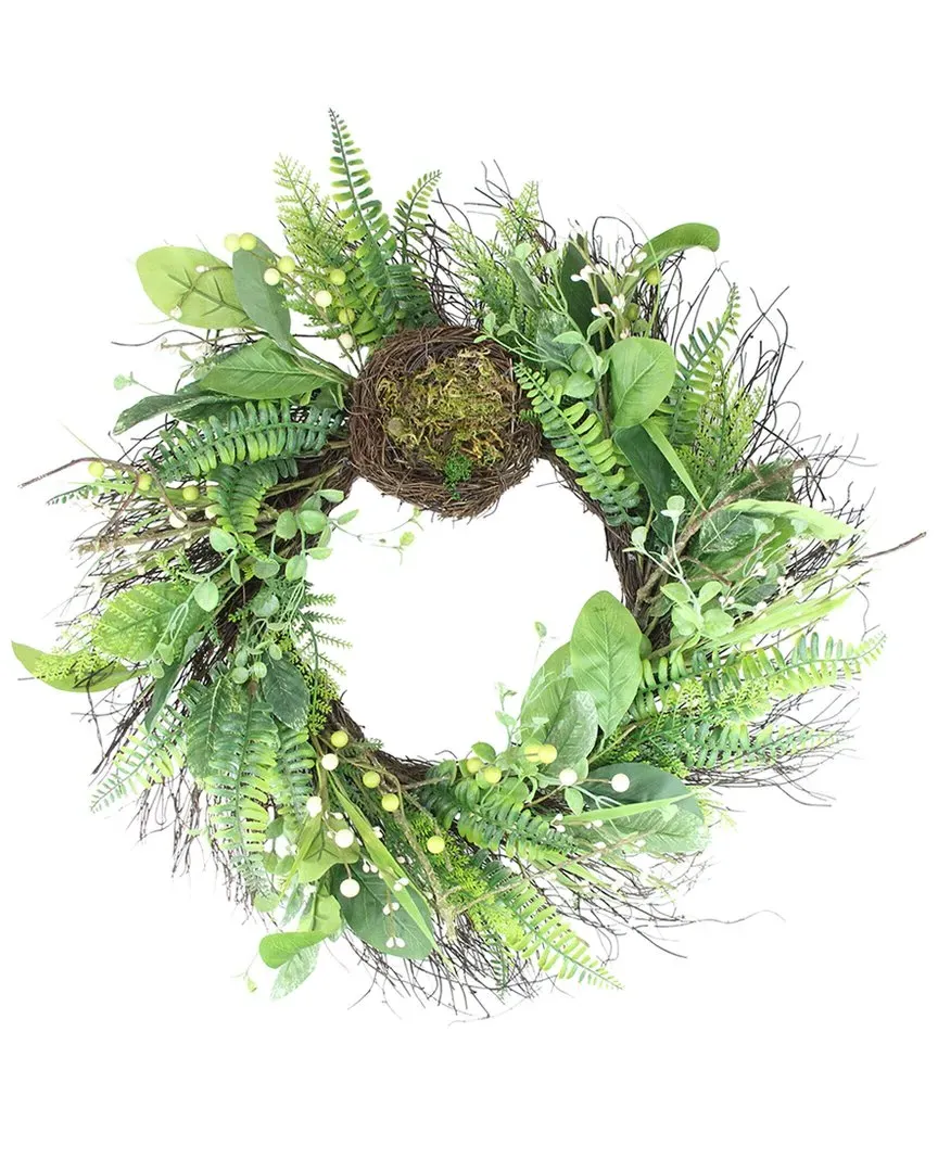 24in Foliage Artificial Spring Wreath with Nest - Green