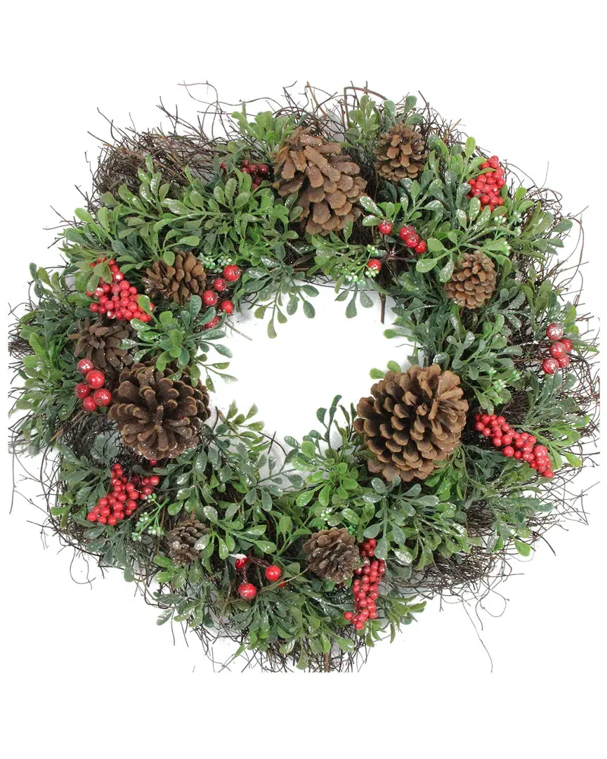 24in Glittered Boxwood Pine Cone Christmas Wreath - Green