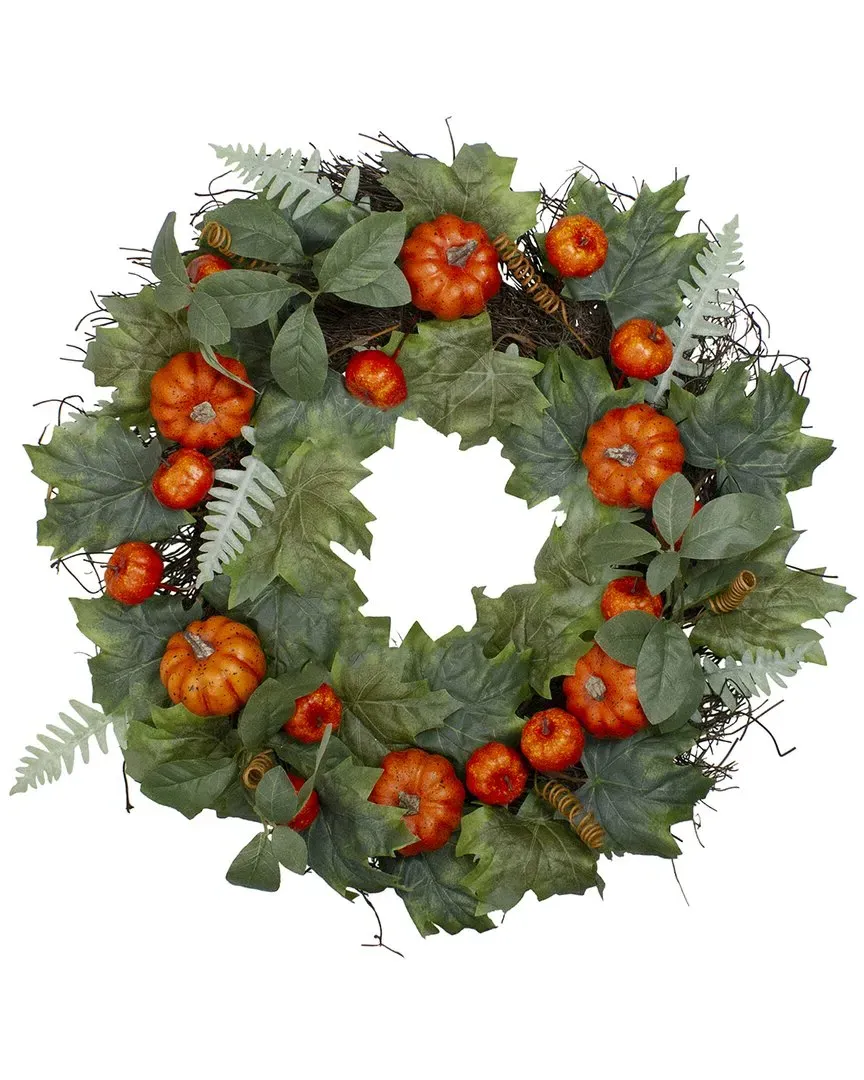 24in Maple & Fern Leaves Artificial Wreath with Pumpkins - Orange image