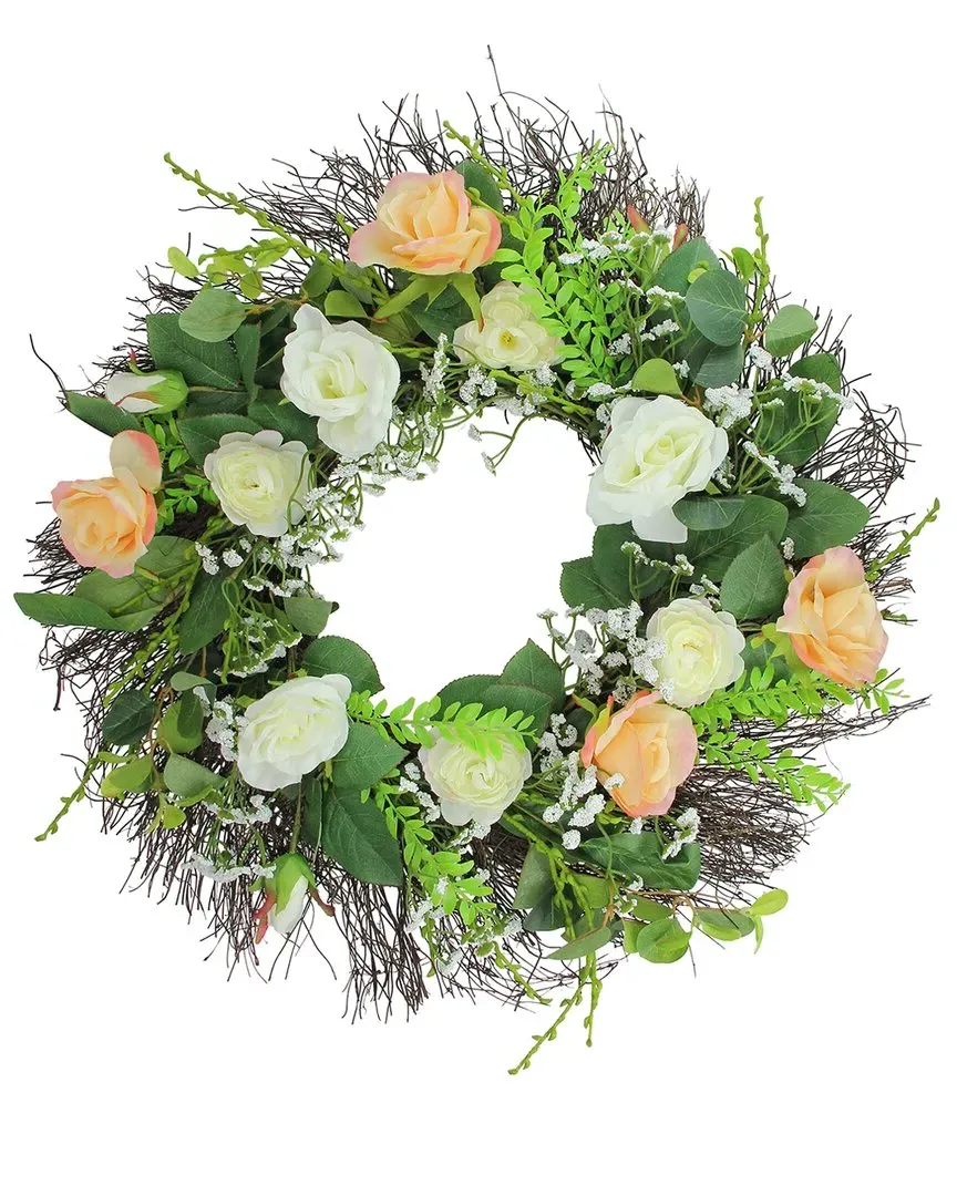 24in Rose & Foliage Artificial Spring Wreath - Green