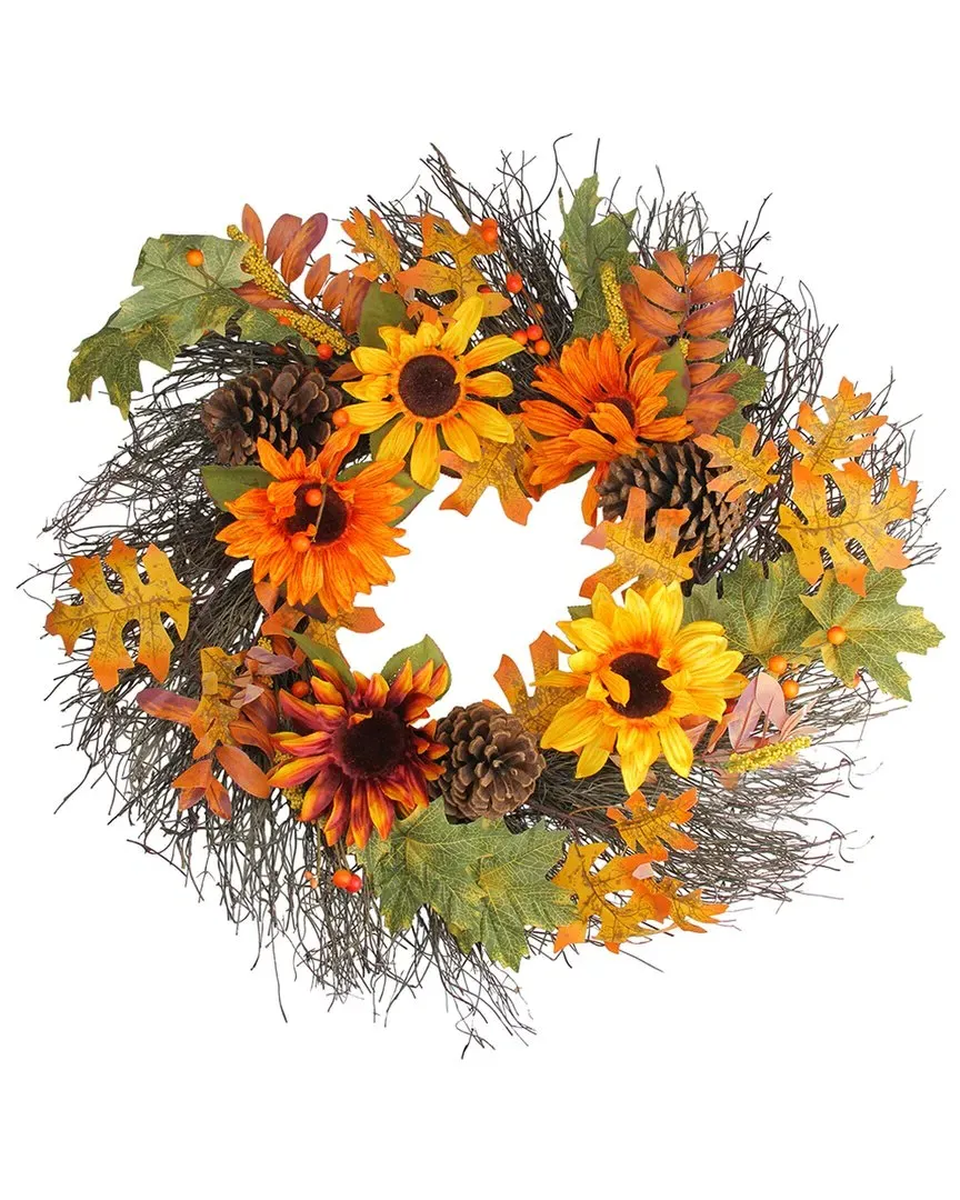 24in Thanksgiving Wreath with Sunflowers and Pine Cones - Orange image