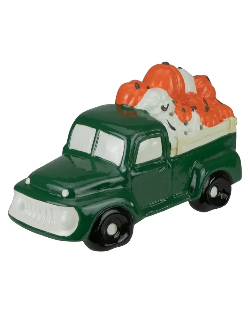 9.5in LED Ceramic Truck with Pumpkins Decoration - Green