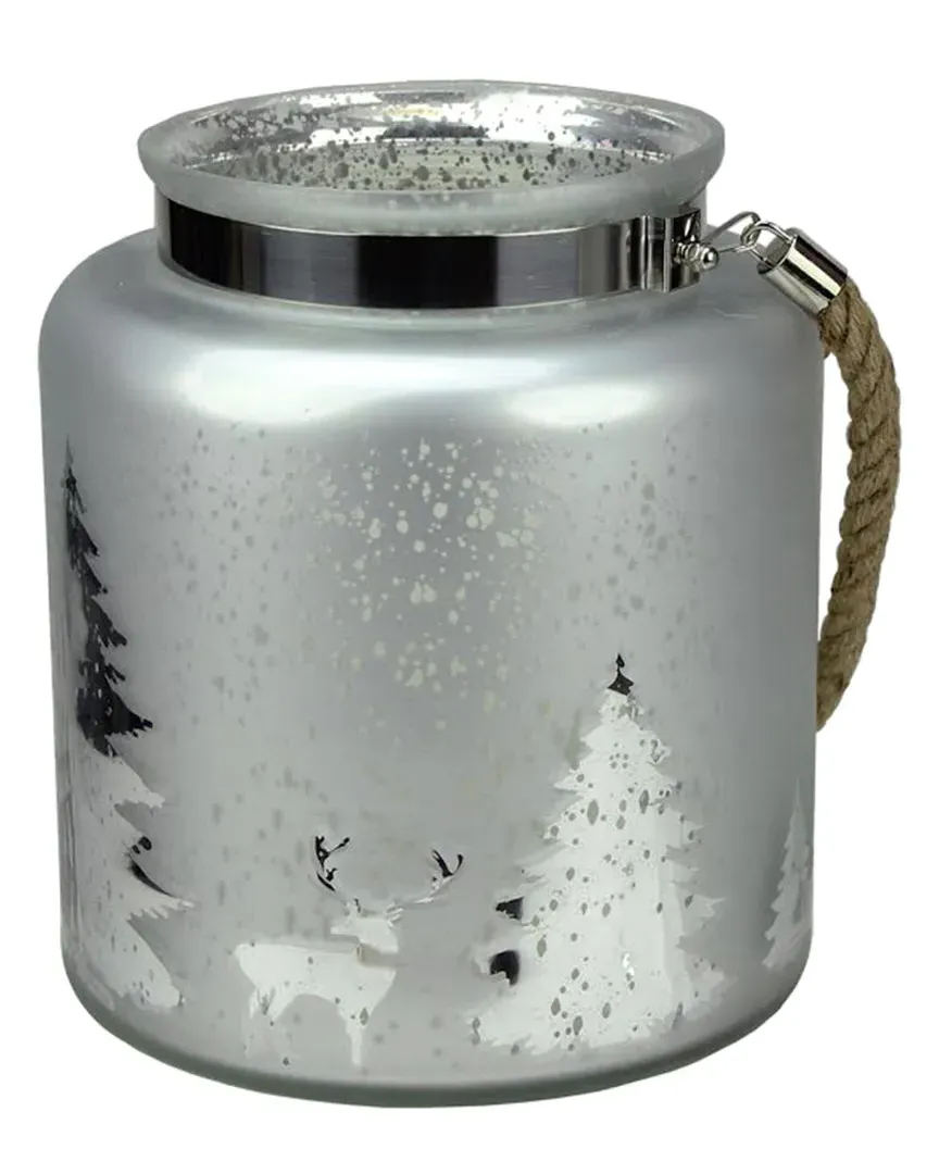 9.5in Reindeer & Tree Silhouette Mercury Glass Christmas Pillar Candle Holder with Handle image