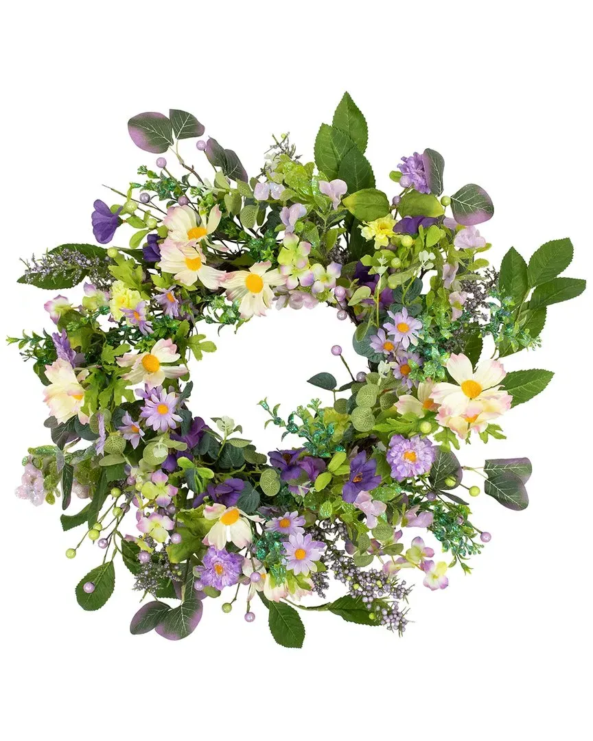 Daisy & Mixed Foliage Floral Wreath - Green
