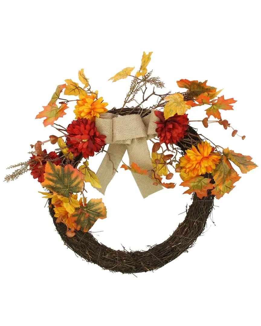 Fall Foliage with Mum Flowers Artificial Twig Wreath - Orange