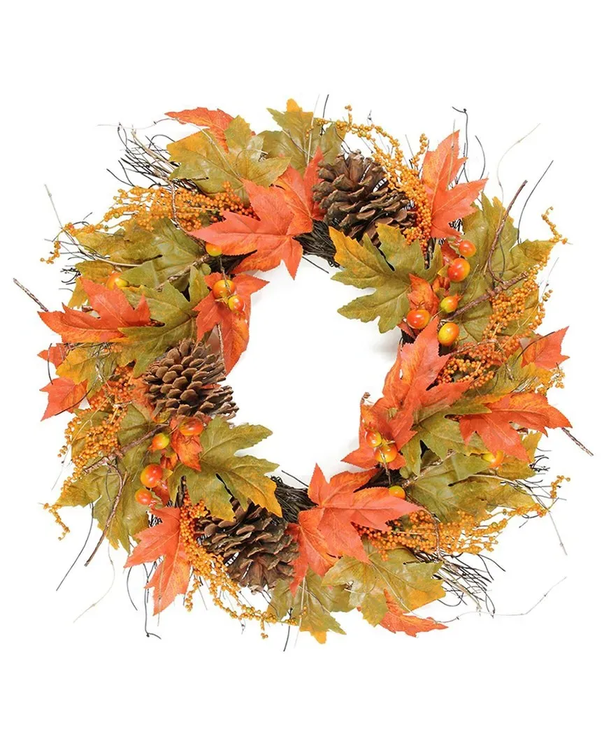 Fall Leaves and Pumpkins Artificial Thanksgiving Wreath - Green image