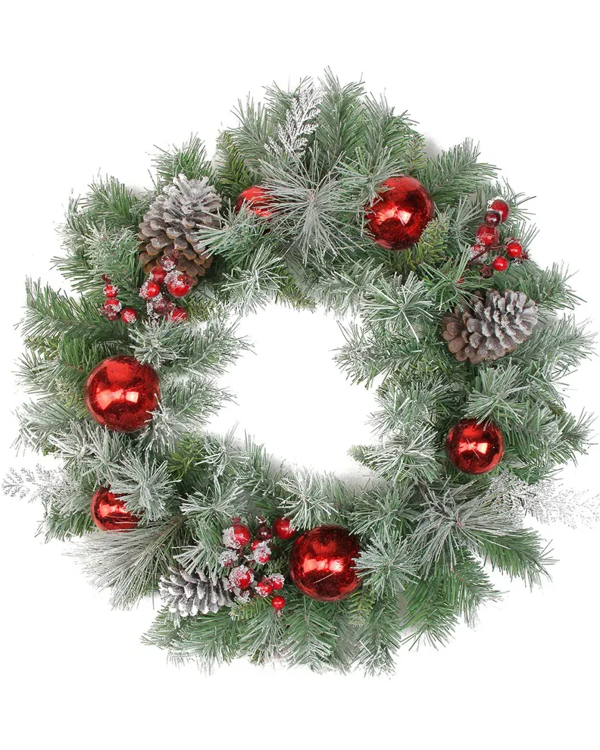 Flocked Pine Christmas Wreath with Red Ball Berries - Green