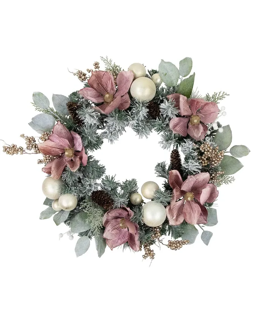 Floral & Ball Ornament Frosted Pine Artificial Wreath - Green image