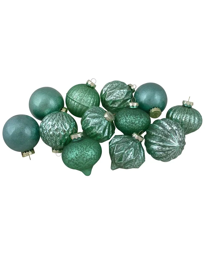 Set of 12 Finial Glass Ball Christmas Ornaments - Green, Glass