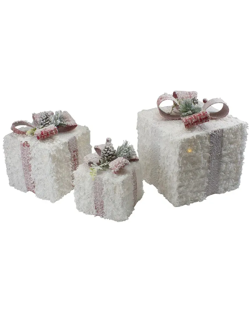 Set of 3 LED Frosted Rattan Christmas Gift Boxes - White