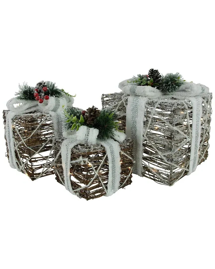 Set of 3 LED Gift Boxes with Pine & Berries - Beige, Rattan image