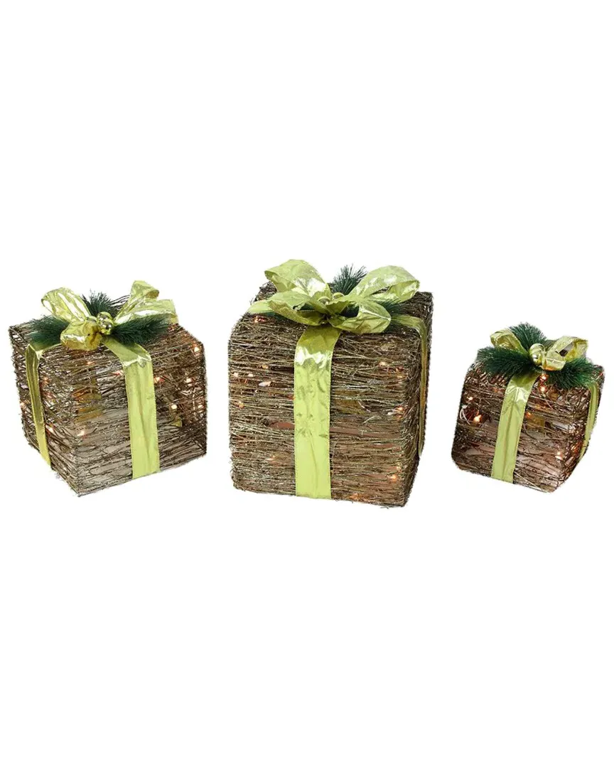 Set of 3 Lighted Rattan Gift Boxes with Glitter