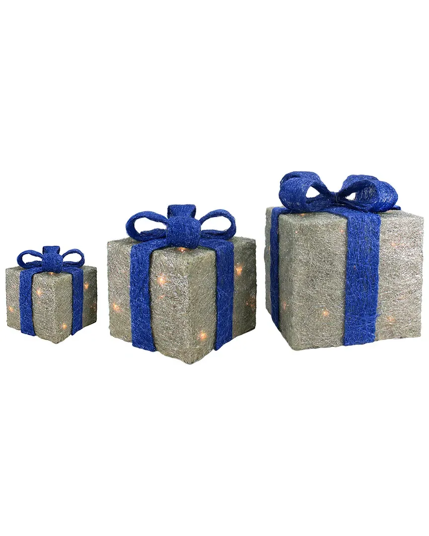 Set of 3 Lighted Sisal Gift Boxes with Blue Bows image