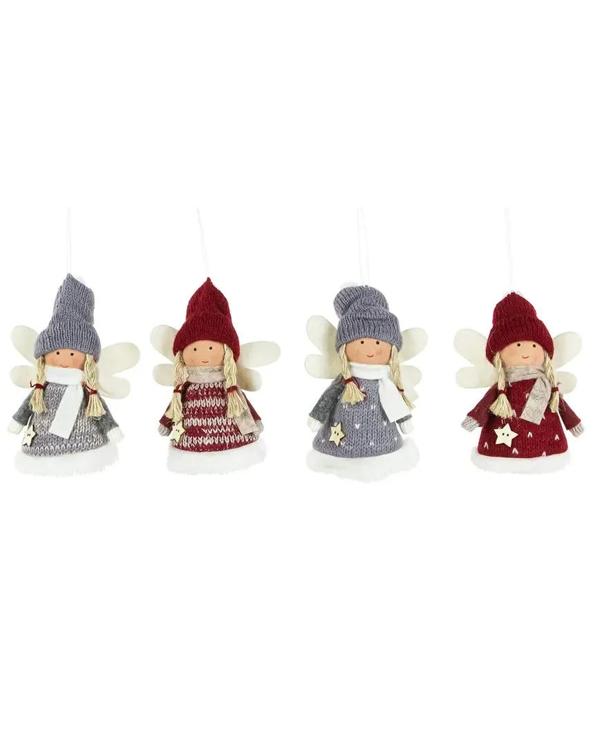 Set of 4 Plush Angel Christmas Ornaments - Red, Polyester