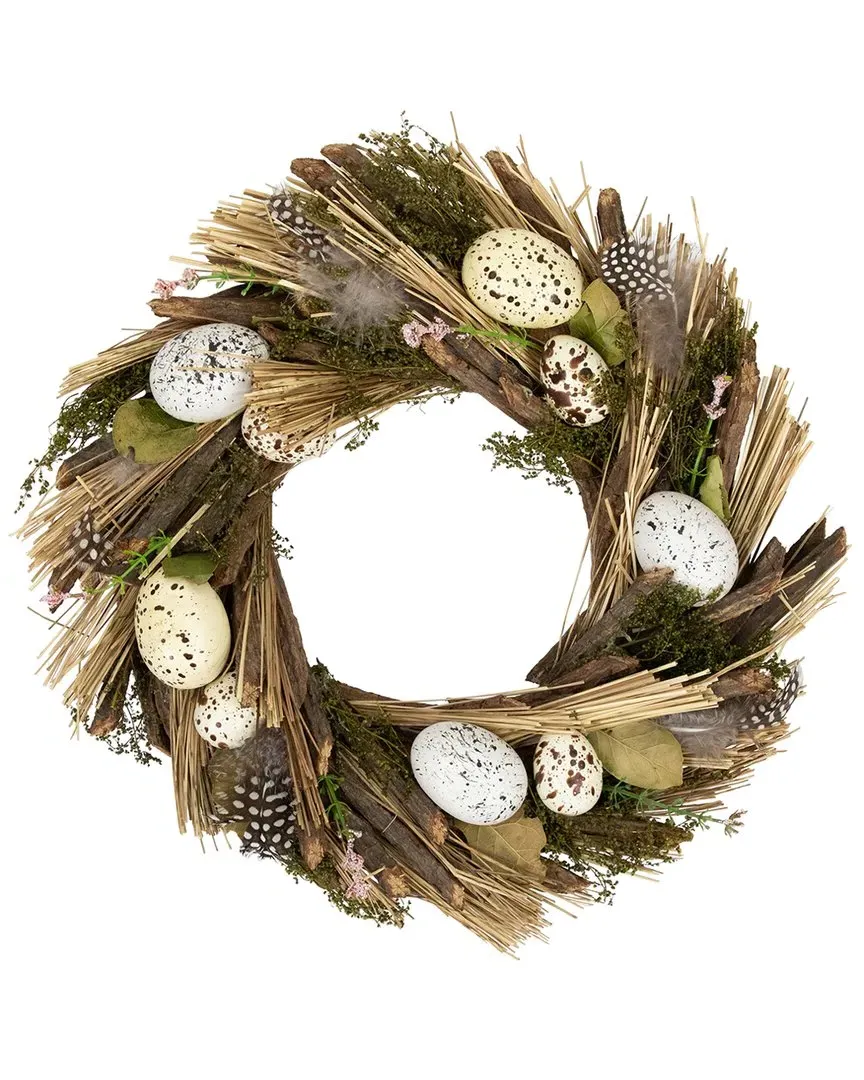 Speckled Eggs & Feathers Artificial Easter Wreath - Green image