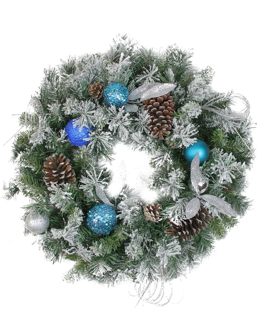 Teal & Silver Ball Flocked Christmas Wreath with Pine Cones image