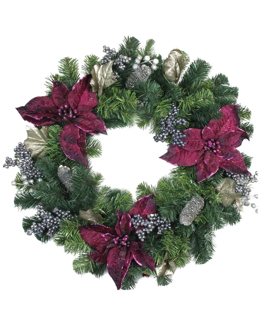 Two-Tone Pine Christmas Wreath with Purple Poinsettias - Multicolor image
