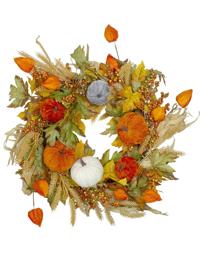 Velvet Pumpkins & Wheat Artificial Fall Wreath - Orange