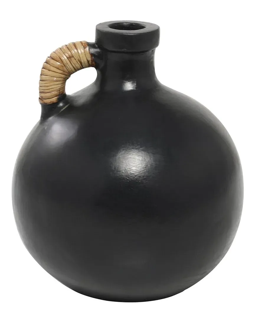 Ceramic Jug Vase with Rattan Handle - Black image