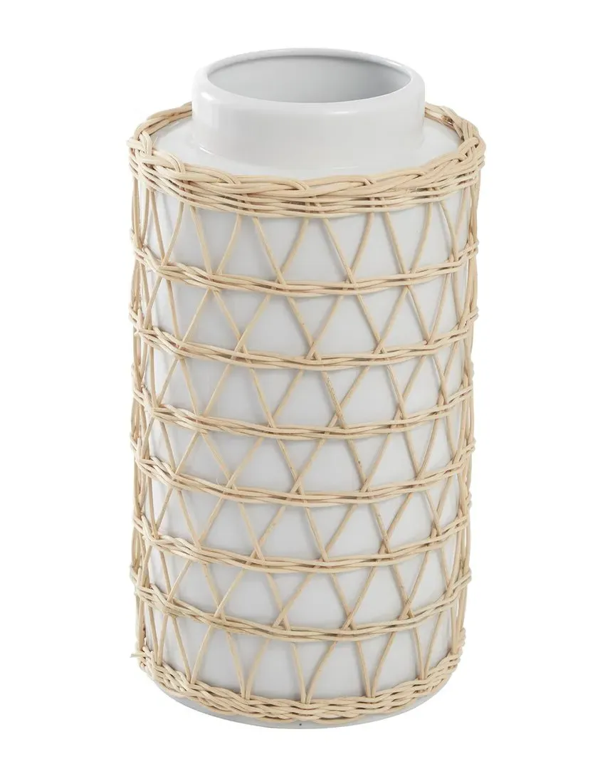 Ceramic Vase with Woven Rattan - White