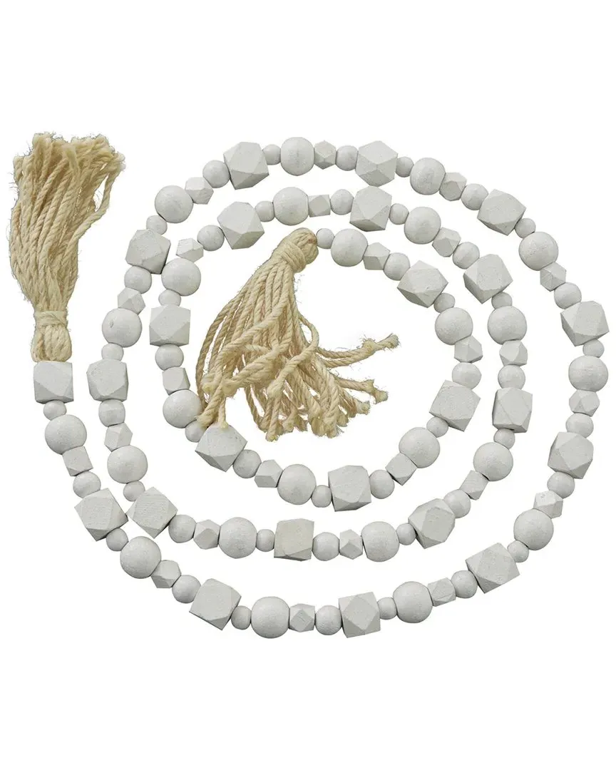 Geometric Beaded Garland with Tassel - White, Wood