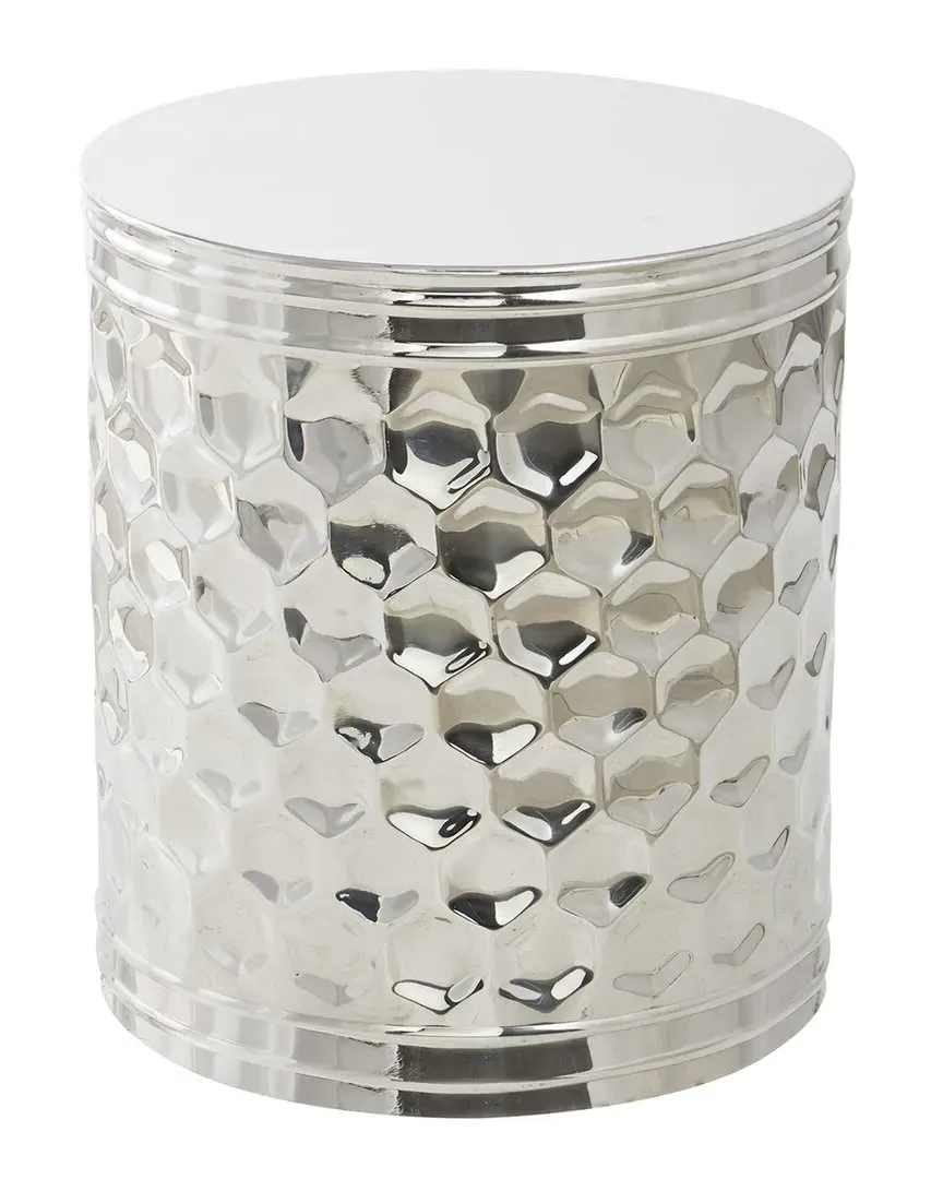 Geometric Drum Accent Table with Hexagon Pattern - Silver