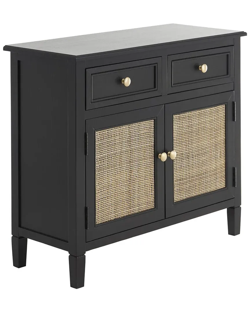 Handmade 2-Drawer Cabinet with Rattan Front - Black, Pine