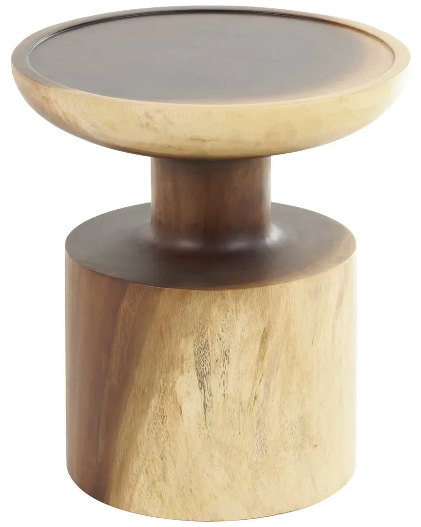 Handmade Round Accent Table with Cylinder Base - Brown, Albizia Wood