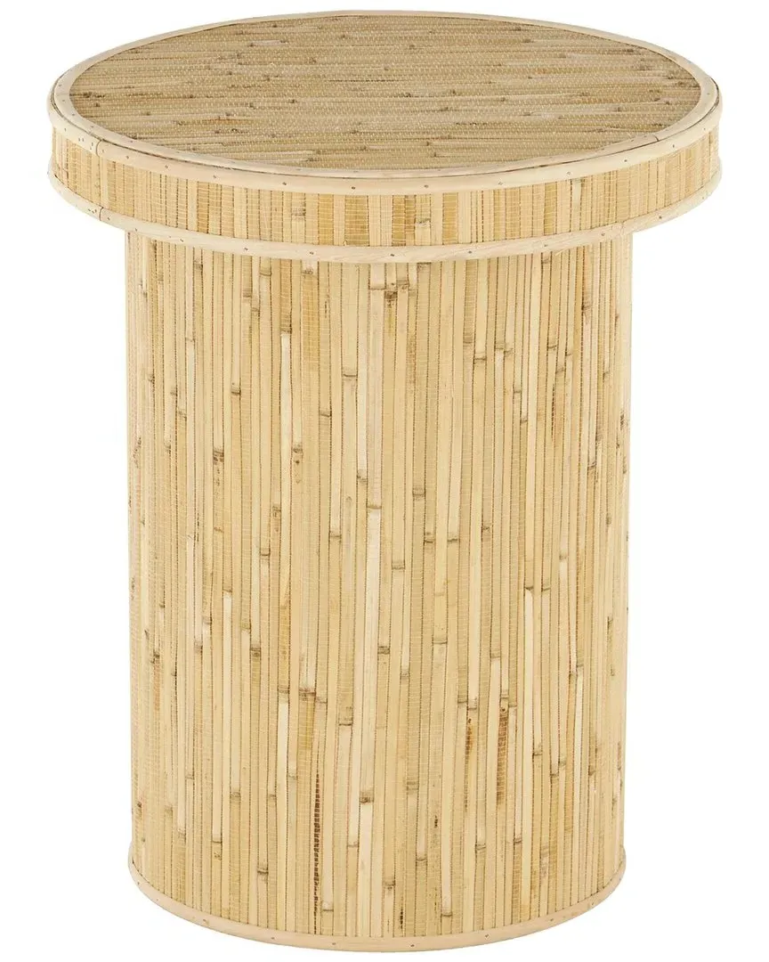 Handmade Round Accent Table with Linear Wood Strip Design - Light Brown, MDF image