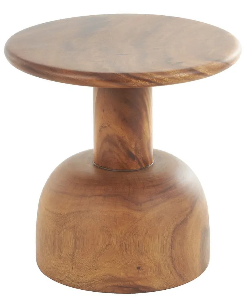 Handmade Round Accent Table with Rounded Block Base - Brown, Albizia Wood