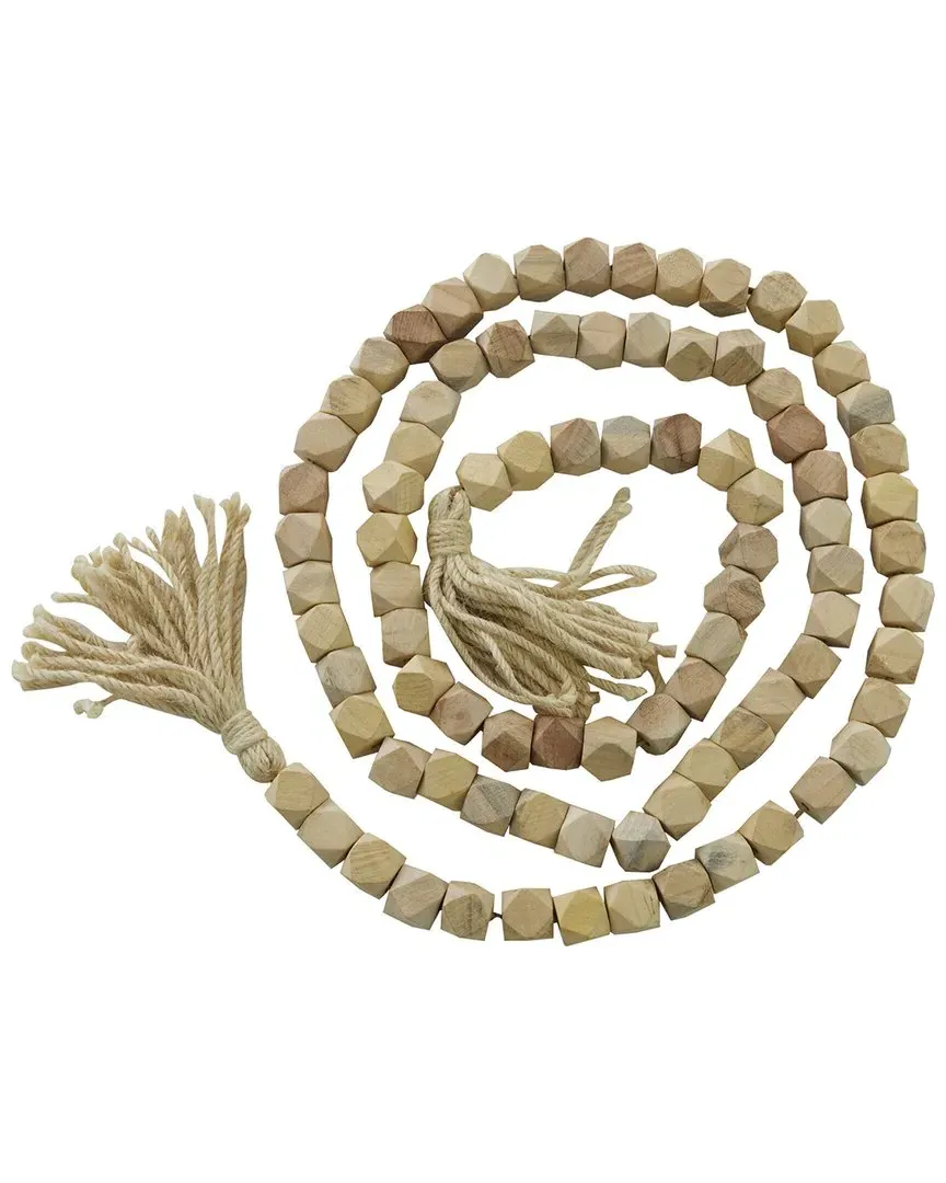 Hexagon Carved Beaded Garland with Tassel - Light Brown, Mango Wood