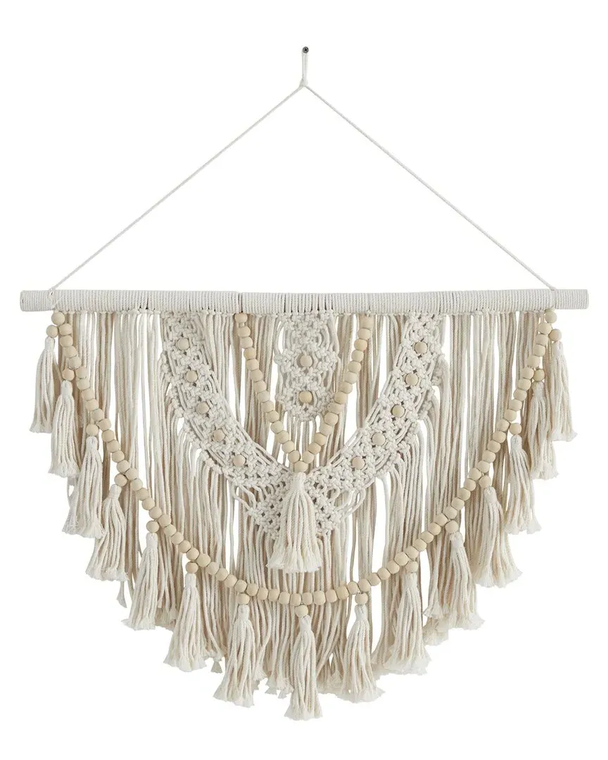 Macrame Wall Decor with Beaded Fringe Tassels - White, Cotton