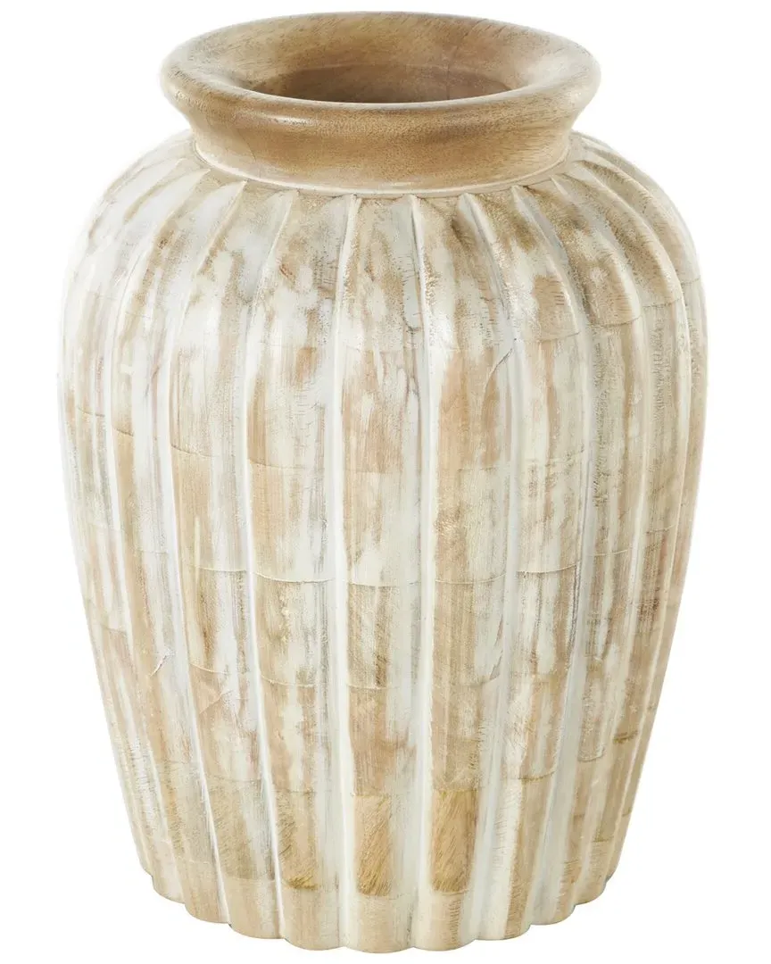 Mango Wood Distressed Vase with Carved Ridges - Light Brown image