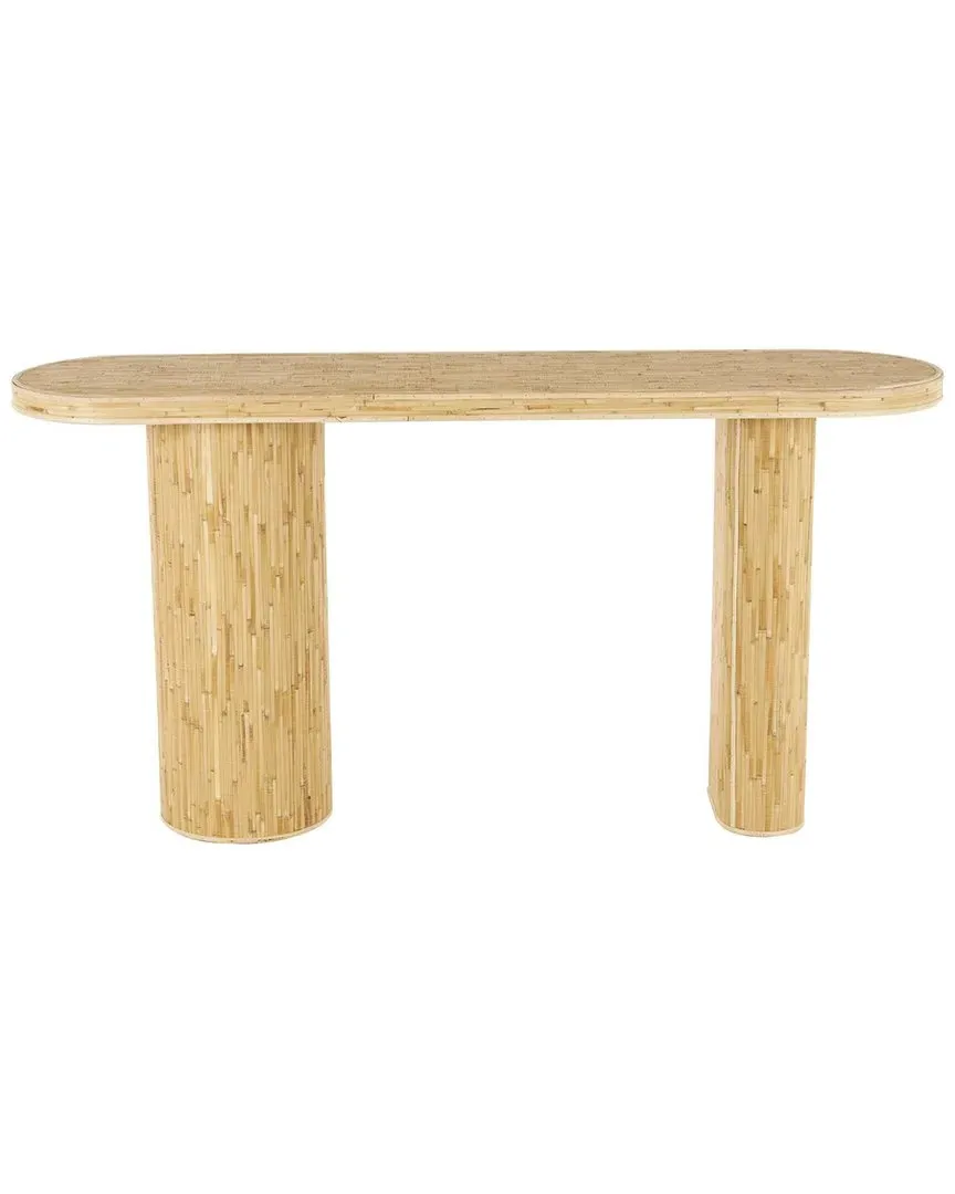 Oval Console Table with Linear Strip Design - Brown, Rattan