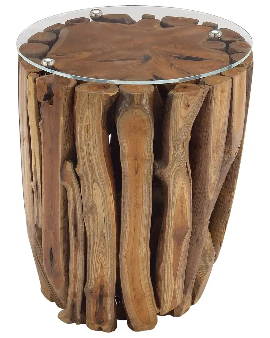 Round Accent Table with Glass Top - Brown, Teak