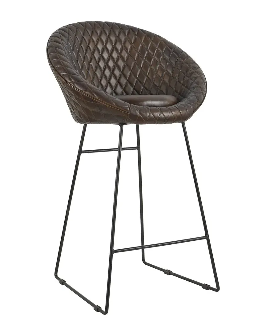 Round Bar Stool with High Back - Dark Brown, Leather