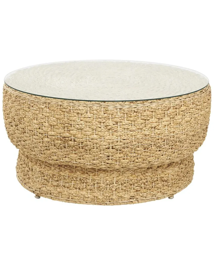 Round Coffee Table with Glass Top - Brown, Rattan