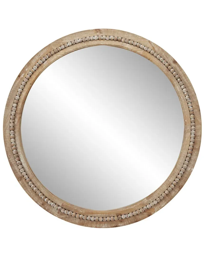 Round Wall Mirror with Wood Bead Trim - Light Brown image