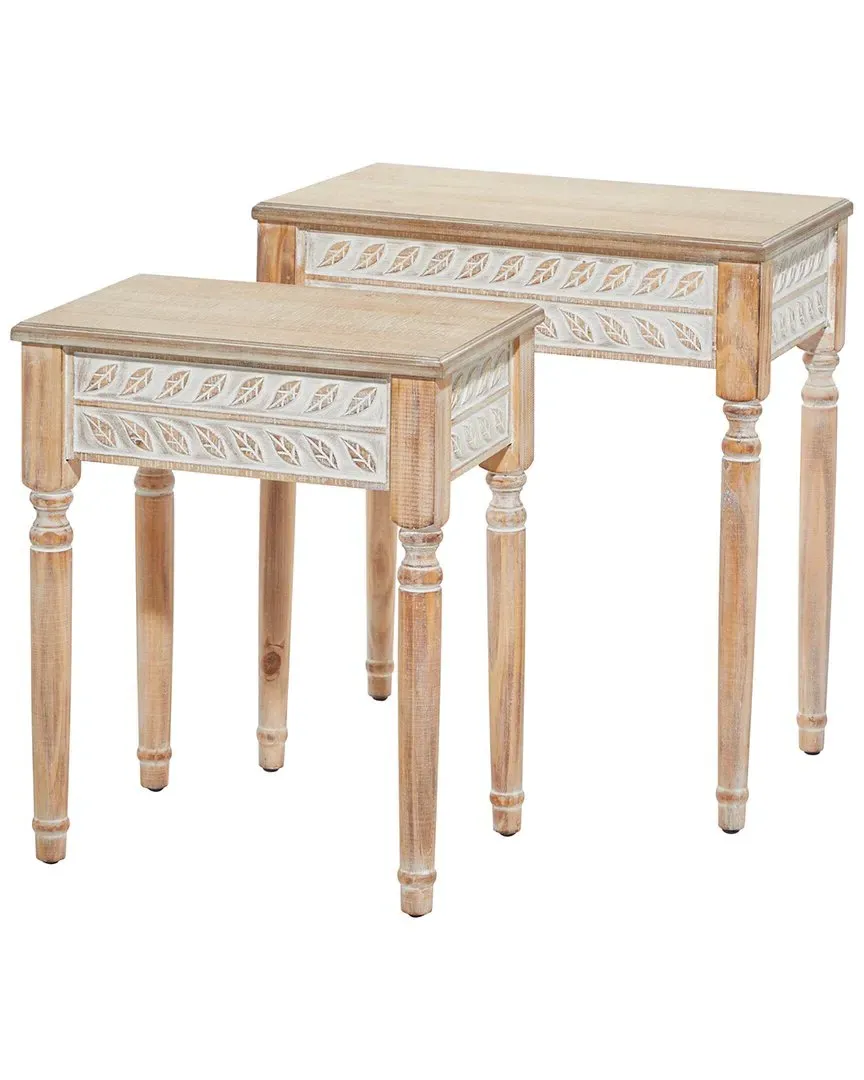 Set of 2 Carved Accent Tables - Brown, Fir Wood image