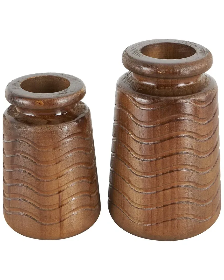 Set of 2 Carved Wavy Vases - Brown, Pine